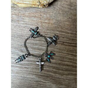 Vintage Native American Faux Turquoise Silver Charm Bracelet